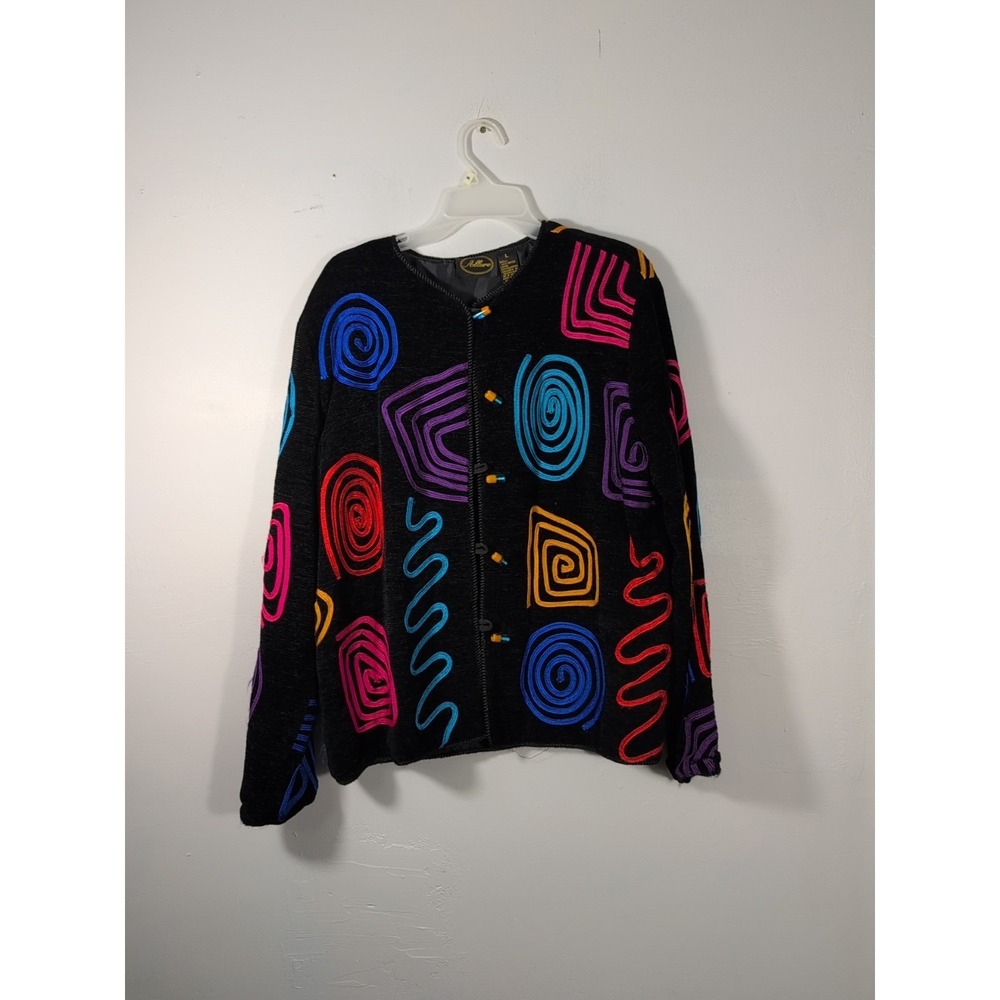 Vintage Allure Womens Size L Black Button Up 80's Geometric Rainbow Jacket
